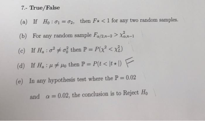 Solved 7 True False A If H0 S1 S2 Then F 1 For Chegg Com