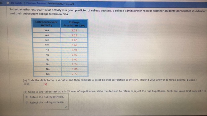 2 15.e 029 to test whether extracurricular activity is a good predictor of college success, a college administrator records whether students participated in extracurr and their subsequent college freshman gpa xtracuricular college yes yes yes no no no no no no 3.53 3.28 3.86 3.69 2.91 3.83 3.42 2.74 3.85 2.77 (a) code the dichotomous variable and then compute a point-biserial correlation coefficient. (round your answer to three decimal places.) 0.96 (b) using a two-tailed test at a 0.05 level of significance, state the decision to retain or,reject the null hypothesis. hint: you must first convert r to retain the null hypothesis. reject the null hypothesis