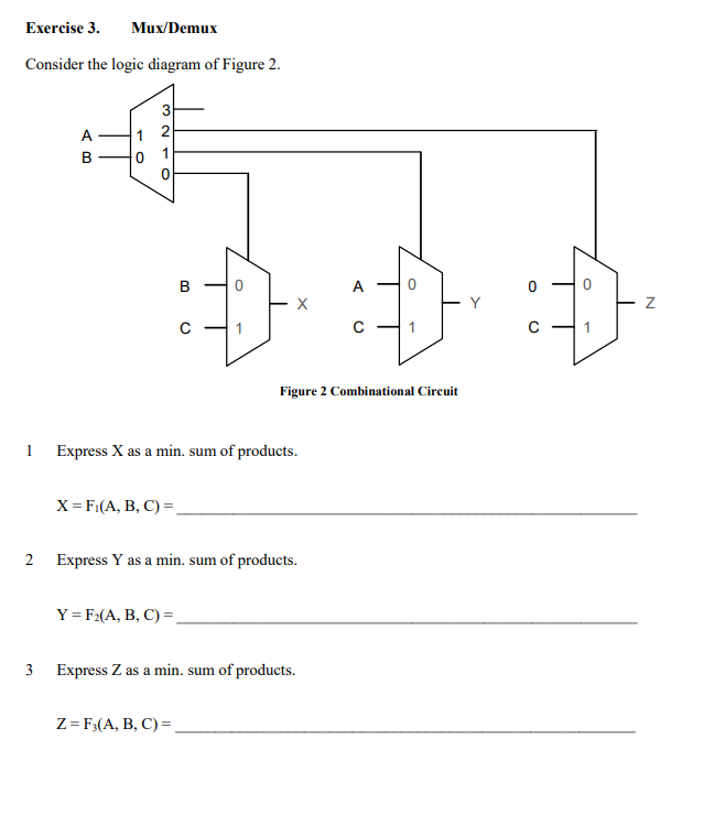 Exercise 3. Mux/Demux Consider the logic diagram of Figure 2. 2 B0 1 Figure 2 Combinational Circuit Express X as a min. sum o