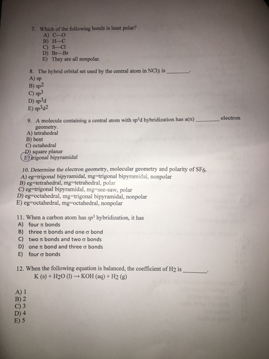 Solved 7. Which Of The Following Bonds Is Least Polar? ?) | Chegg.com