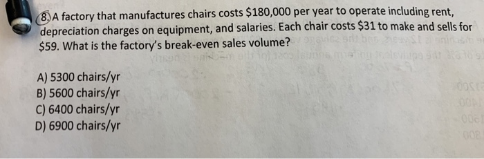 Solved 8 A Factory That Manufactures Chairs Costs 180 0