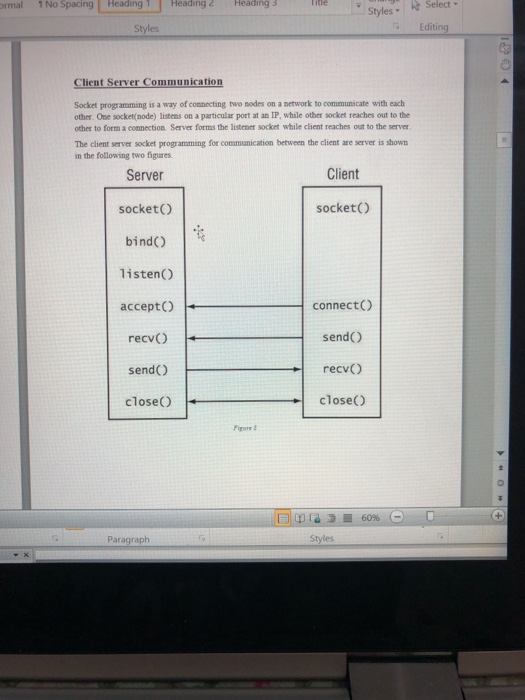 ormal 1No Spacing HeadingHeading 2Heading htle& Select Styles Editing Styles Client Server Communication Socket programming