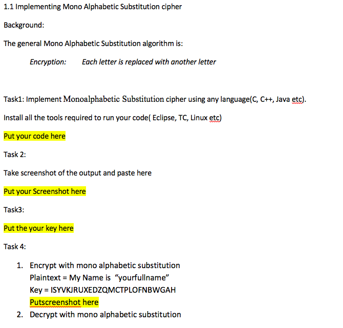 1 1 Implementing Mono Alphabetic Substitution Cipher Chegg 