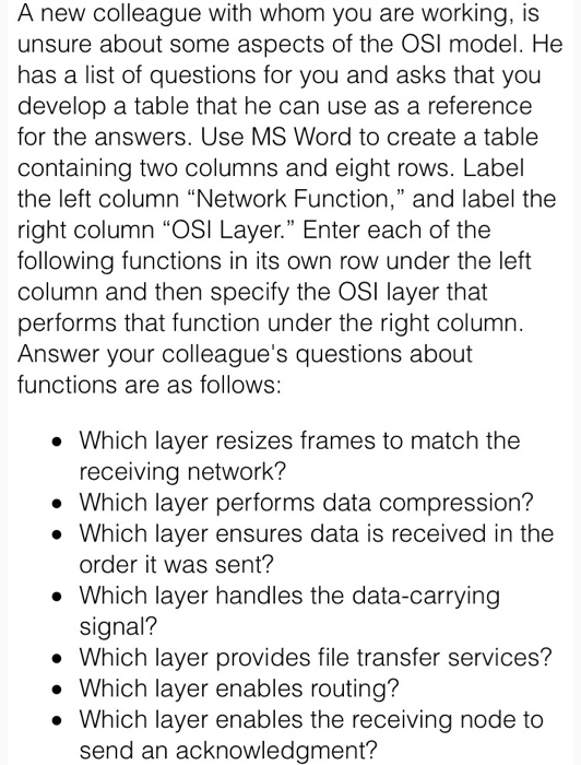 A new colleague with whom you are working, is unsure about some aspects of the OSI model. He has a list of questions for you and asks that you develop a table that he can use as a reference for the answers. Use MS Word to create a table containing two columns and eight rows. Label the left column Network Function, and label the right column OSI Layer. Enter each of the following functions in its own row under the left column and then specify the OSI layer that performs that function under the right column. Answer your 

<div class=