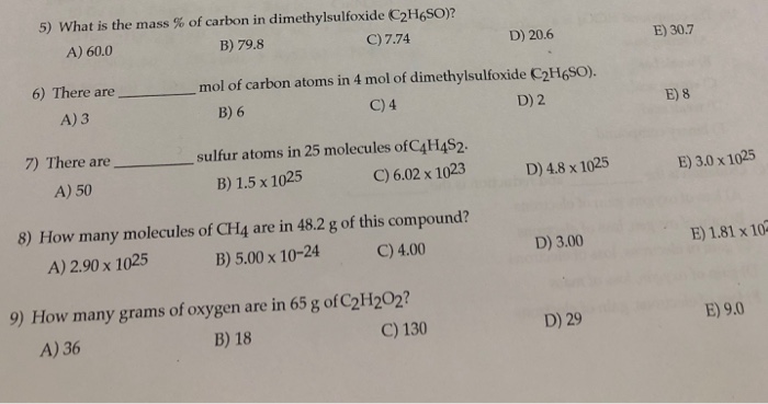 Solved 5 What Is The Mass Of Carbon In Dimethylsulfoxide Chegg Com