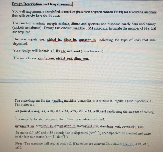 Design Description and Requirements You will implement a simplified controller (based on a synchronous FSM) for a vending mac