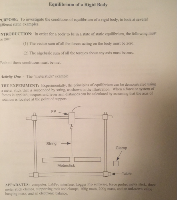 Equilibrium Of A Rigid Body Urpose To Investigate Chegg Com