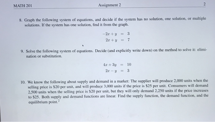 Solved Math 201 Assignment 2 8. Graph The Following System | Chegg.com