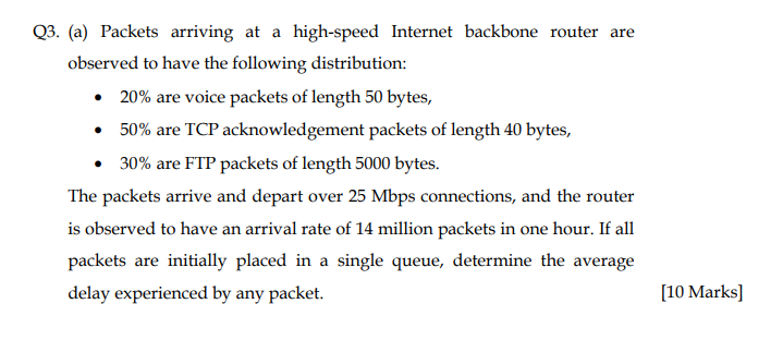 Q3. (a) Packets arriving at a high-speed Internet backbone router are observed to have the following distribution: are voice