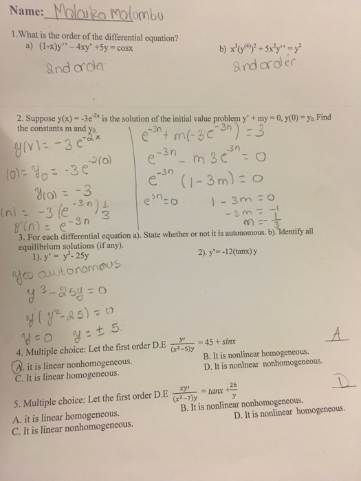 Solved What Is The Order Of The Differential Equation 1 Chegg Com