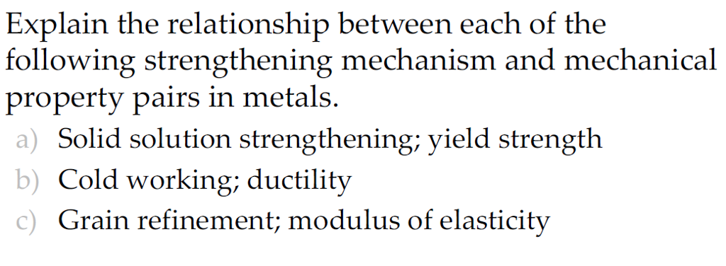 Explain the relationship between each of the following strengthening mechanism and mechanical property pairs in metals. a) Solid solution strengthening; yield strength b) Cold working; ductility c) Grain refinement; modulus of elasticity