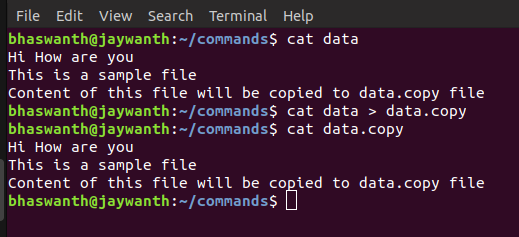 File Edit View Search Terminal Help bhaswanth@jaywanth /commands i Hi How are you This is a sample file Content of this file