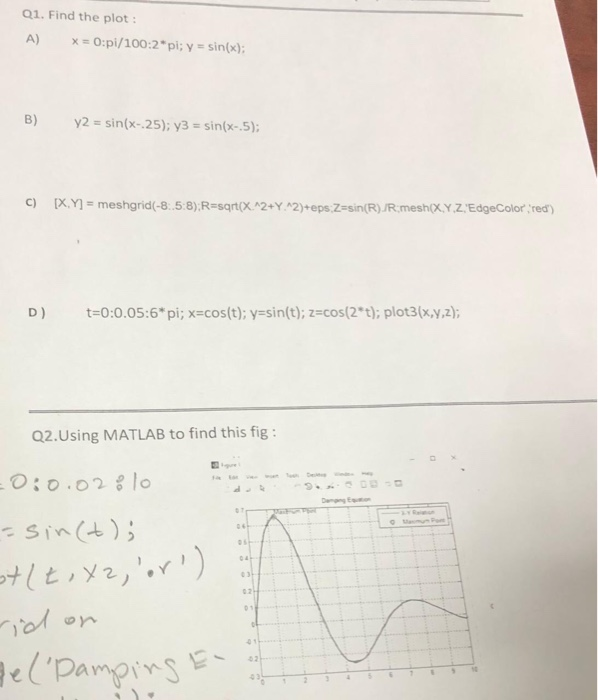 Q1. Find the plot: A) = 0:pi/100:2*pi; y sin(x); B) y2 sin(x-.25); y3 -sin(x.5) D) t-0:0.05:6*pi; x-cos(t): y-sin(t)-cos(2t)