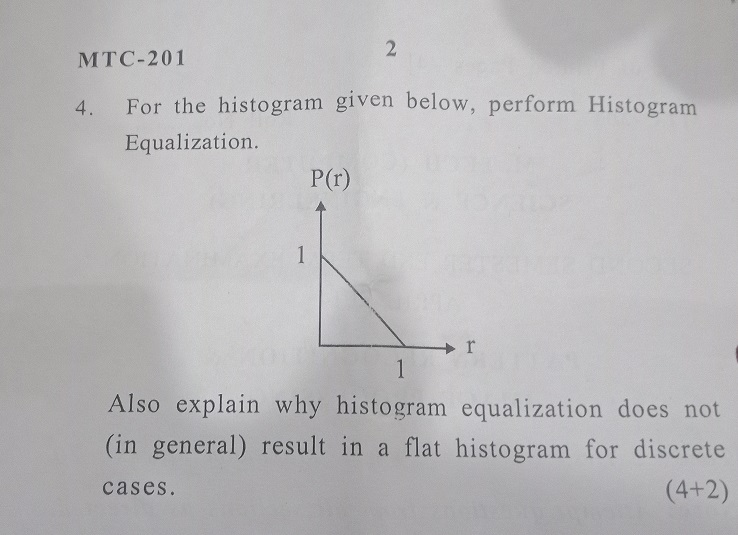 MTC-201 4. For the histogram given below, perform Histogram Equalization. P(r) Also explain why histogram equalization does not (in general) result in a flat histogram for discrete cases (4+2)
