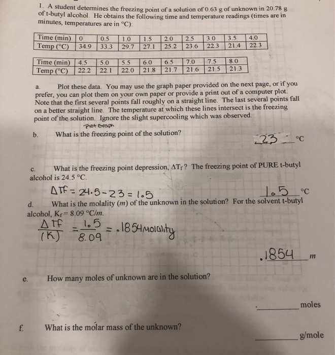 Solved 1 A Student Determines The Freezing Point Of A Chegg Com