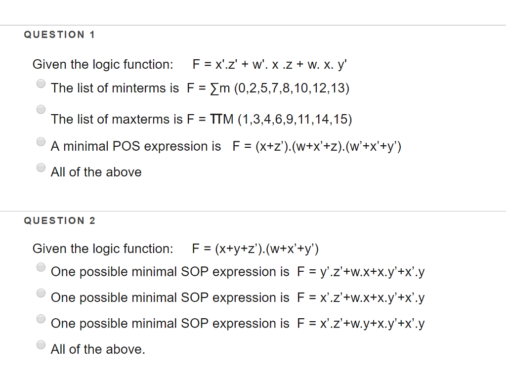 Solved Question Given The Logic Function F X Z W X Chegg Com