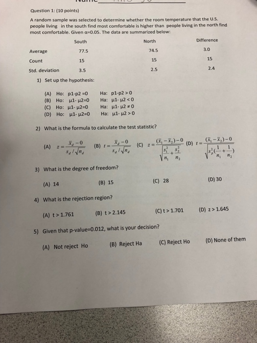 Solved Question 1 10 Points A Random Sample Was Select