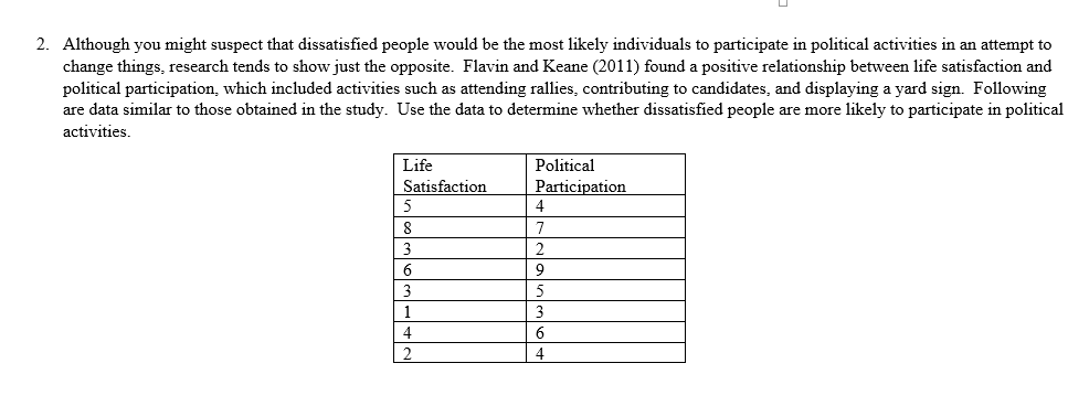 2. Although you might suspect that dissatisfied people would be the most likely individuals to participate in political activities in an attempt to change things, research tends to show just the opposite. Flavin and Keane (2011) found a positive relationship between life satisfaction and political participation, which included activities such as attending rallies, contributing to candidates, and dis a ng a ar s gn го owing are data similar to those obtained in the study. Use the data to determine whether dissatisfied people are more likely to participate in political activities Life Satisfaction Political Participation 4