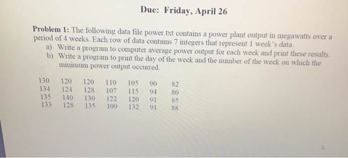 Due: Friday, April 26 Problem 1: The following data file power.txt contains a power plant output in megawatts over a period o