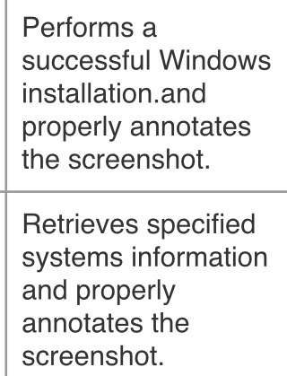 Performs a successful Windows installation.and properly annotates the screenshot. Retrieves specified systems information and properly annotates the screenshot.