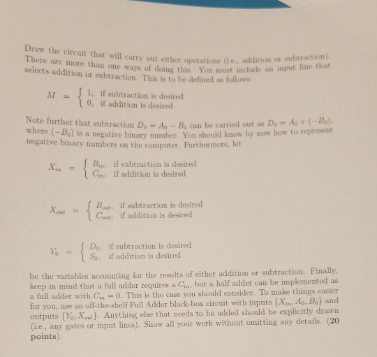 Draw the circuit that will carry out either operations There are more than one ways of doing this. You selects addition or su