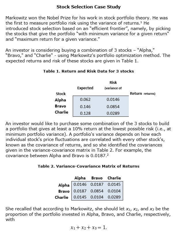 Solved Stock Selection Case Study Markowitz won the Nobel | Chegg.com