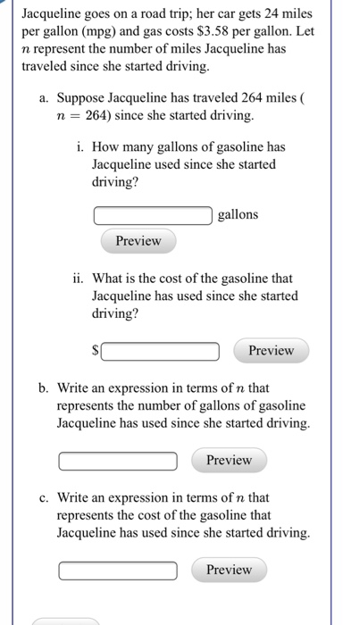 Solved Jacqueline Goes On A Road Trip Her Car Gets 24 Mi Jacqueline Goes On A Road Trip Her Car Gets 24 Miles Per Gallon Mpg
