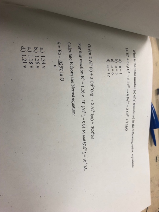 Solved What Is The Total Number N Of E Transferred In T Chegg Com