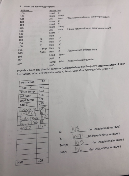 3. Given the following program: Address Load X Store Temp Jns Subr /Store return address, jump to procedure 101 102 103 104 1