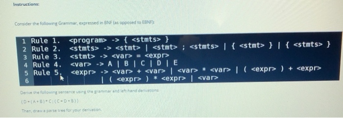 Instructions: Consider the following Grammar, expressed in BNF (as opposed to EBNF 1 Rule 1. <progra -> <stmts> 3 Rule 3. <stmt> -> <var<expr 4 Rule 4. <var-AIBICIDIE 6 Derive the following sentence using the grammar a nd lefthand derivations Then, draw a parse tree for your derivation