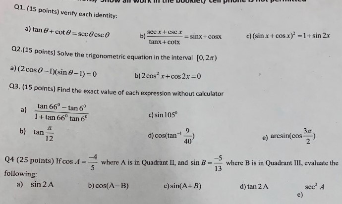 Solved Q1 15 Points Verify Each Ideny A Tan θ C Q1 15 Points Verify Each Ideny