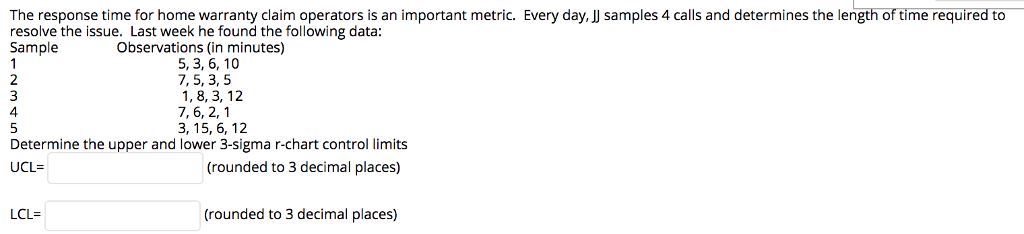 The response time for home warranty claim operators is an important metric. Every day, JJ samples 4 calls and determines the length of time required to resolve the issue. Last week he found the following data: Sample Observations (in minutes) 5, 3, 6,10 7, 5,3, 5 1, 8, 3,12 4 5 7,6, 2,1 3, 15, 6, 12 Determine the upper and lower 3-sigma r-chart control limits UCL (rounded to 3 decimal places) LCL- (rounded to 3 decimal places)