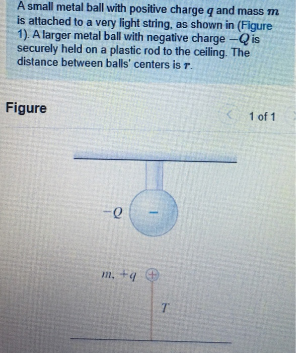 A small metal ball with positive charge q and mass m is attached to a very light string, as shown in (figure 1). a larger met