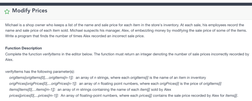 Modify Prices Michael is a shop owner who keeps a list of the name and sale price for each item in the stores inventory. At