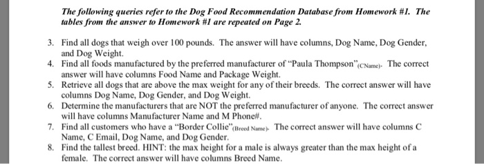 The following queries refer to the Dog Food Recommendation Database from Homework #1, The tables from the answer to Homework #1 are repeated on Page 2. 3. Find all dogs that weigh over 100 pounds. The answer will have columns, Dog Name, Dog Gender, 4. Find all foods manufactured by the preferred manufacturer of Paula Thompson(CName) The correct 5. Retrieve all dogs that are above the max weight for any of their breeds. The correct answer will have 6. Determine the manufacturers that are NOT the preferred manufacturer of anyone. The correct answer 7. Find all customers who have a Border Collie (Breed Name) The correct answer will have columns C 8. Find the tallest breed. HINT: the max height for a male is aways greater than the max height of a and Dog Weight. e columns Food Name and Package Weight. columns Dog Name, Dog Gender, and Dog Weight will have columns Manufacturer Name and M Phone# Name, C Email, Dog Name, and Dog Gender female. The correct answer will have columns Breed Name