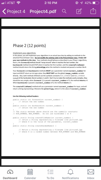 42% l AT&T 2:10 PM くProject 4 Project4.pdf aビ山 Phase 2 (12 points) Is tho phase, you will implement your algorithms in an act