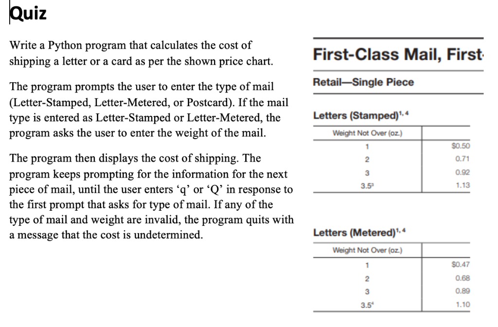 Retail First Class Mail Single Piece Chart