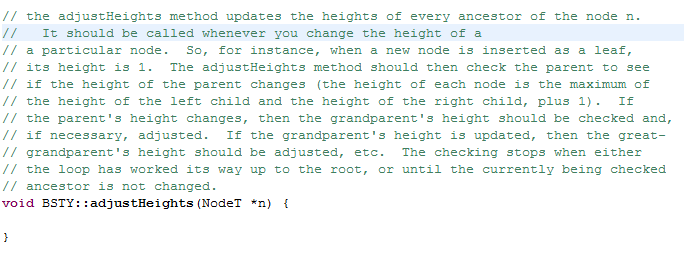 // the adjustHeights method updates the heights of every ancestor of the node n. // It should be called whenever you change t