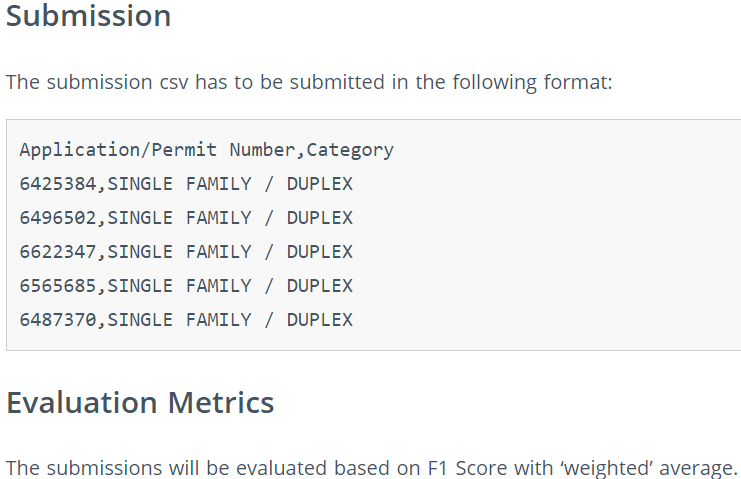 Submission The submission csv has to be submitted in the following format: Application/Permit Number,Category 6425384, SINGLE