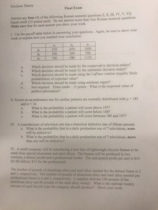 Decision Theory Final Exam Answer Any Four 4 Oft - 