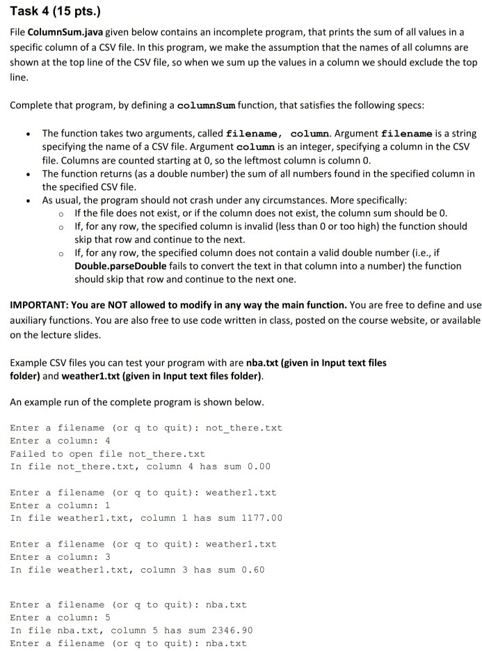 Modification Wheelbase, Task 4 15 Pts File Columnsum Java Given Below Contains An Incomplete, Modification Wheelbase