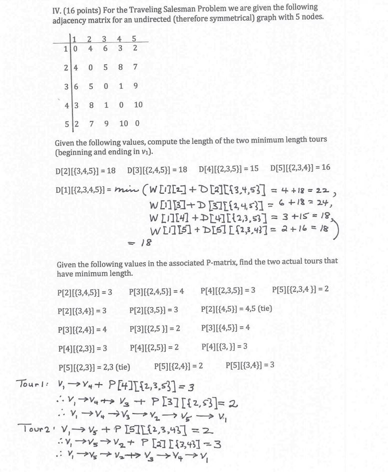 IV. (16 points) For the Traveling Salesman Problem we are given the following adjacency matrix for an undirected (therefore s