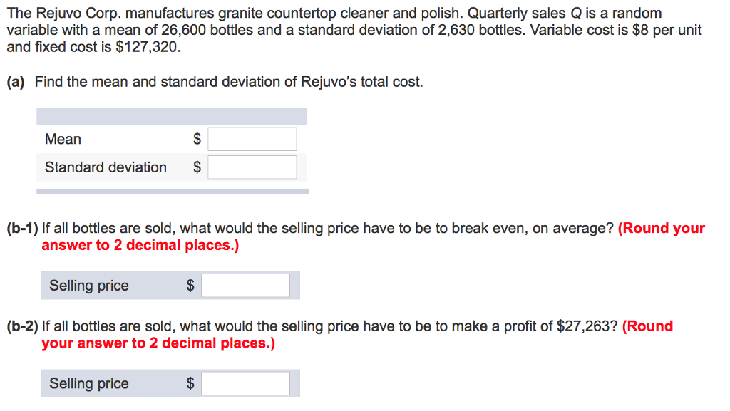 Solved The Rejuvo Corp Manufactures Granite Countertop C