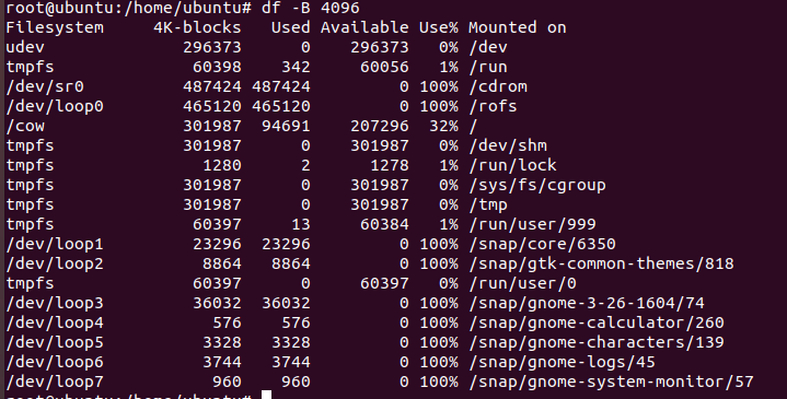 root@ubuntu: /home/ubuntu# Filesystem udev tmpfs /dev/sro /dev/loopo /cow tmpfs tmpfs tmpfs tmpfs tmpfs /dev/loop1 /dev/Loop2