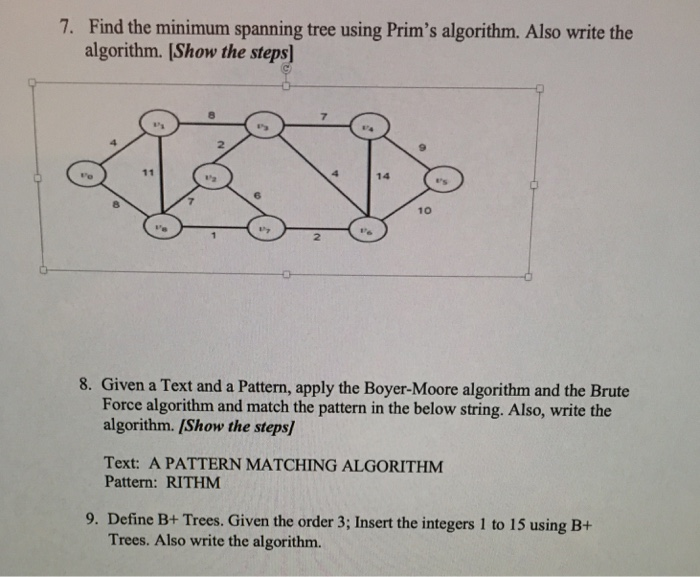 7. Find the minimum spanning tree using Prims algorithm. Also write the algorithm. (Show the steps] 7 2 Ve 14 לי ア 10 2 8. G