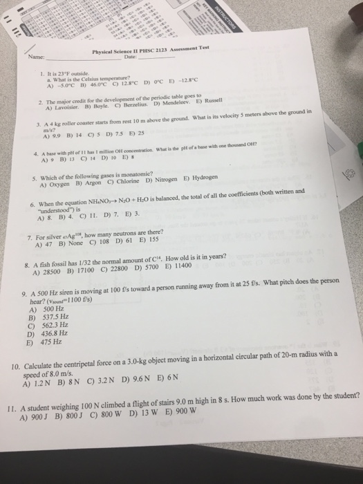 Name Physical Science Ii Phsc 2123 Assessment Test Chegg 