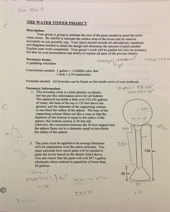 Solved The Water Tower Project Descriptiorn Your Group Is The Water Tower Project Descriptiorn Your Group Is Going To Estimate Cost Of Paint