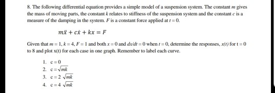 8. The following differential equation provides a simple model of a suspension system. The constant m gives the mass of movin