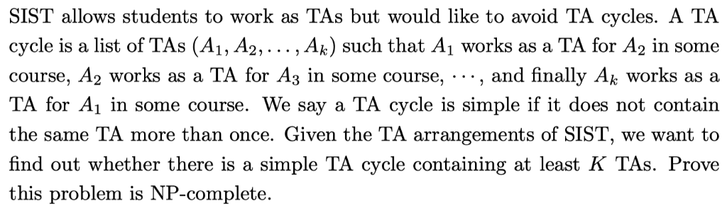 SIST allows students to work as TAs but would like to avoid TA cycles. A TA cycle is a list of TAs (A1, A2, . . . , Ak) such
