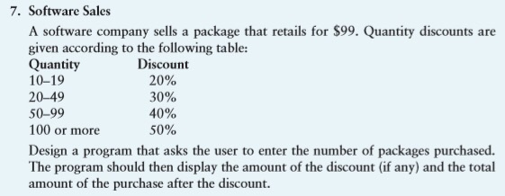 7. Software Sales A software company sells a package that retails for $99. Quantity discounts are given according to the following table: Quantity 10-19 20-49 50-99 100 or more Design a program that asks the user to enter the number of packages purchased. The program should then display the amount of the discount (if any) and the total amount of the purchase after the discount. Discount 2090 30% 40% 50%